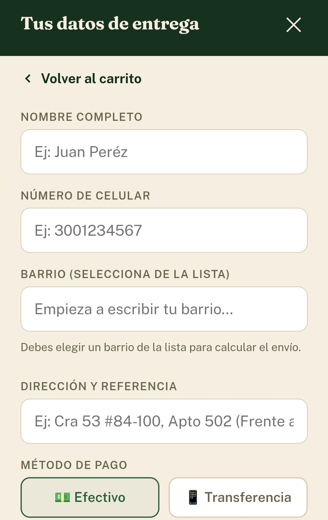 Formulario con los datos de entrega