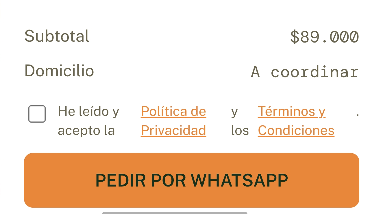 Casilla de aceptación y botón para pedir por WhatsApp